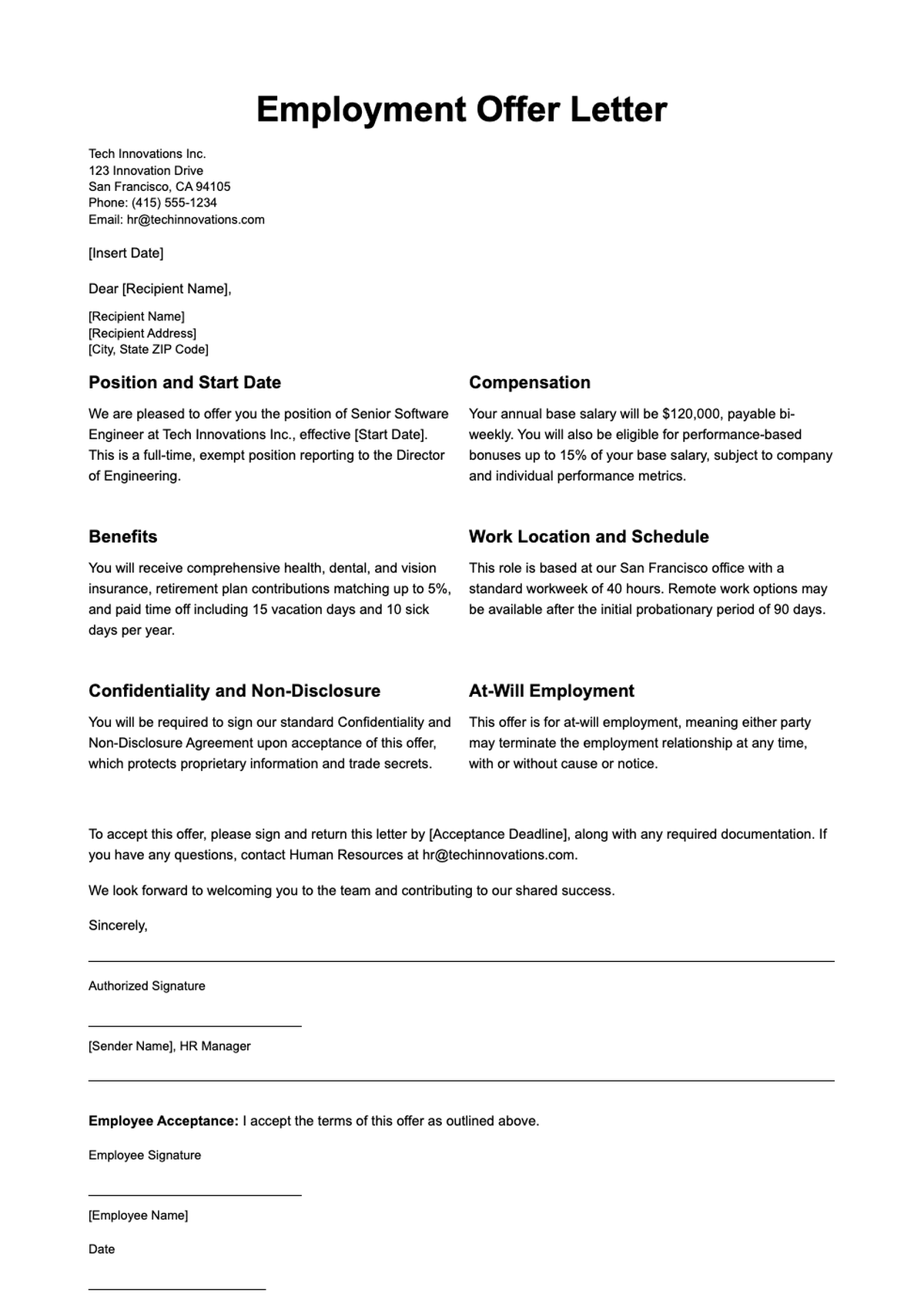 Sample job offer letter for support worker position with fillable fields_variant_2